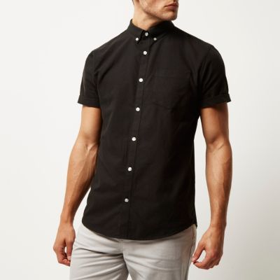 Black slim fit short sleeve Oxford shirt